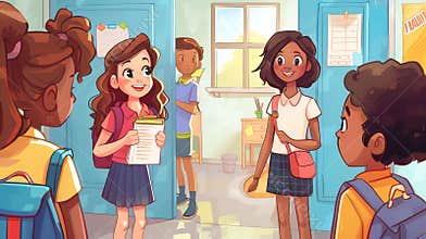 Diverse Group of Students Chatting in a School Hallway