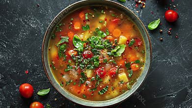 Delicious Homemade Vegetable Soup With Fresh Herbs and Tomatoes