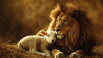 A lion and a lamb resting together in a golden field during sunset