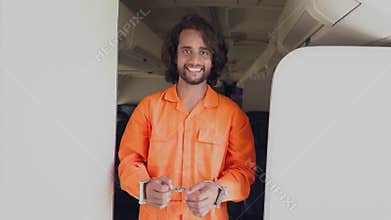 Prisoner laughing in airplane aisle