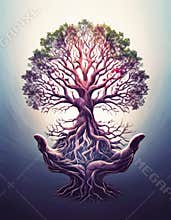 Surreal tree with roots held by human hands in fantasy setting