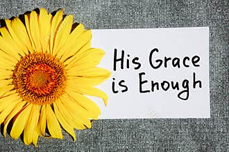 His grace is enough - christian motivational text on gray background with sunflower flower
