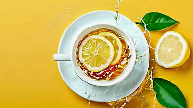 Lemon tea in cup and lemon.
