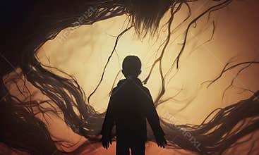 A person being consumed by a shadowy figure, representing the fear of panic attacks.