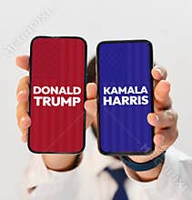 8.23.2024, United States. Donald Trump Vs Kamala Harris written on Mobile Screens, Editorial background. Presidential Election