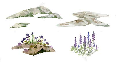 Scenery landscape rocks crags cliff stones with grass, flower plants, botanical illustration hand drawn in watercolor