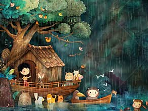vibrant forest setting comes alive as animals gather around a cozy ark during a heavy rain, showcasing the spirit of