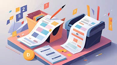 Printer generating paperwork with filing cabinet and sticky notes in an office setting