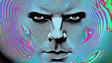 Surreal looping human face displaying dark evil expression Cinematic style with psychedelic effects, colorful lines and