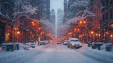 A snowy street in the city with cars and trees.