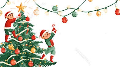 Christmas elves decorating a giant tree with ornaments and lights. Concept of festive holiday preparation and
