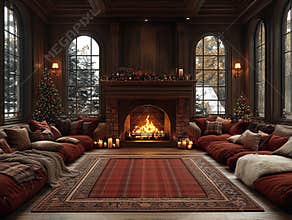 Central empty 3D podium surrounded by cozy home decor, including plush pillows, blankets, and Thanksgiving-themed table