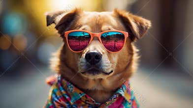 Fashionable dog wearing sunglasses and a colorful shirt.