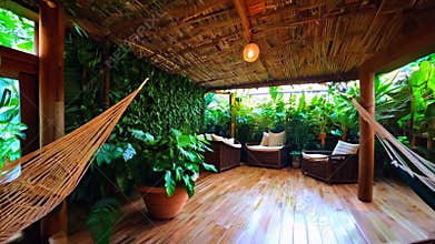 Natural eco-friendly bungalow interior with hammock and green plants