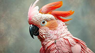 Pink and orange cockatoo parrot portrait on soft background. Exotic bird and wildlife concept