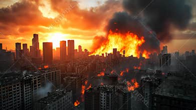 Apocalyptic Cityscape at Fiery Sunset  Generative AI