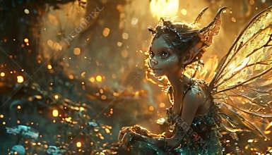 Ethereal fairy in a glowing forest illuminated by golden light