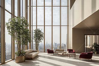 This mockup wall represents a modern office interior with a burgundy couch and panoramic window.