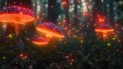 A whimsical forest scene with large, glowing mushrooms and fireflies illuminating the night, A magical forest with sparkling