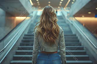 Ascending the stairs of success young female entrepreneur symbolizing achievement
