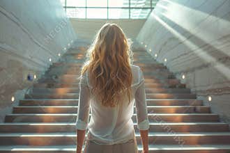 Ascending to success young female entrepreneur climbing stairs in business concept
