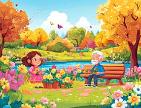 Planting a flower in a garden is illustrated by two young people in a cartoon