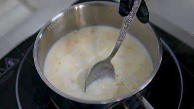 Creme brulee in Catalan style. Vanilla cream with burnt sugar on top, dessert