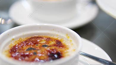 Creme brulee in Catalan style. Vanilla cream with burnt sugar on top, dessert