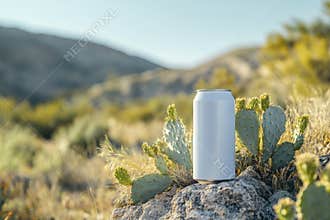 An empty white mockup of a soda can in the desert, next to cactus and mountains, on a sunny day.