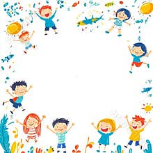 A group of children playing in the water with a white background