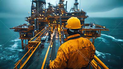 A safety-focused worker in a hard hat and high-visibility gear supervises an offshore oil rig in the ocean, highlighting