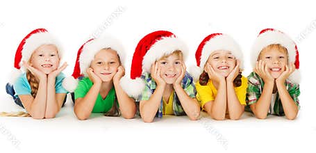 Christmas Kids in Hat, Group of Children Santa Helpers, White