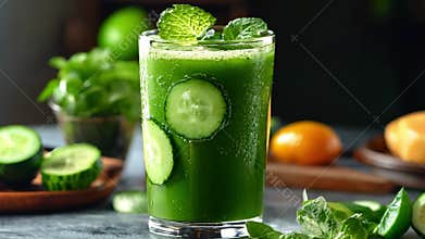 Refreshing green juice with cucumber slices and mint leaves in a glass, perfect for a healthy detox