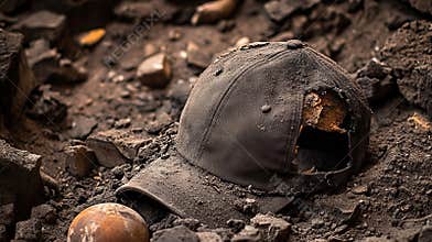 A baseball cap sitting on top of a pile of dirt