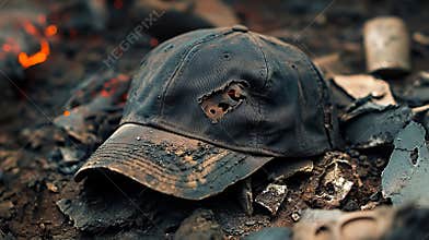 A burnt baseball cap sitting on top of a pile of rubble