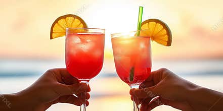 Refreshing Sunset Cocktail Toast, Hands Holding Tropical Drinks, Lemon Garnish, Beach Horizon, Celebration, Relaxation