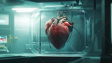 A large human heart suspended in a glass container within a futuristic lab environment