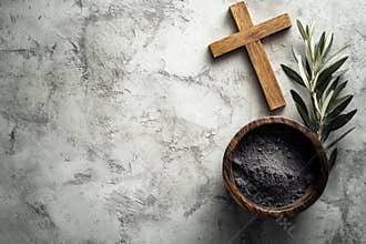 Religion, faith, liturgy, Ash Wednesday, Lent background. Brown wooden cross, ceremonial ash bowl and olive branch on