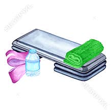 Watercolor illustration of aerobic step, towel, elastic band and water bottle. Hand drawn. Sports equipment on