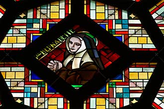 Stained glass of St Bernadette Soubirous, Saint of the Roman Catholic Church. Visionary of the apparitions of the Virgin Mary in