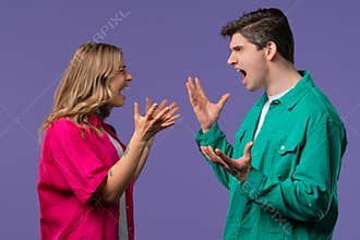 Grumpy Woman and Man Screaming,Quarreling On violet.Couple Relationships fighting, blaming, conflict