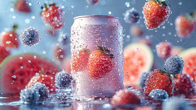 Soft-drink can 330ml floating, strawberries and watermelon in the air
