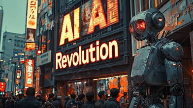 Robot with AI revolution logo in futuristic urban environment