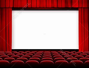 Cinema screen with red curtains and seats