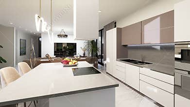 Stylish open-plan kitchen with spacious island, cozy seating, and modern design accents.