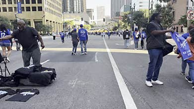 Angelenos Walking Downtown Flower Street to the Los Angeles Dodgers 2024 World Series Victory Parade