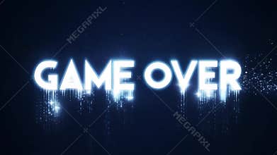 Bright white game over message displayed on a dark background, with glowing edges and falling pixelated particles