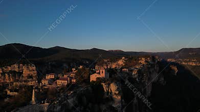 Aerial Panorama of Siurana Village on Cliffs at Dusk: A Picturesque Catalan Gem in the Montsant Mountains, Spain