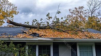 Fallen tree on house roof causing damage during autumn storm