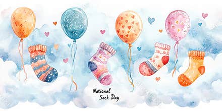 Watercolor style illustration of colorful patterned socks with floating balloons in the sky for National Sock Day.